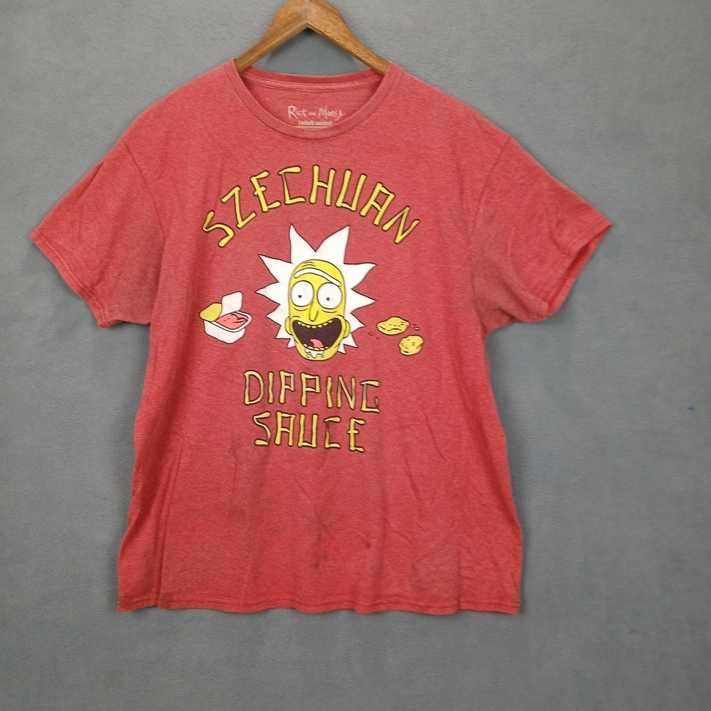 Rick and Morty Ripple Junction T-Shirt Mens L Red Szechuan Dipping Sauce Graphic